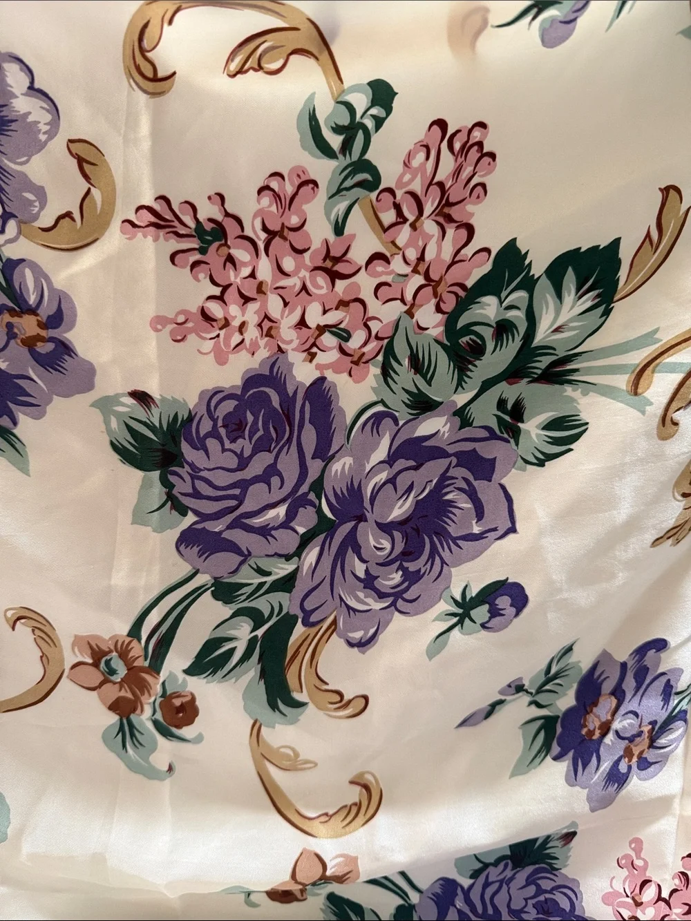 Floral Cream Silk Scarf with Purple & Pink Brown Blooms Roses 🌹vintage